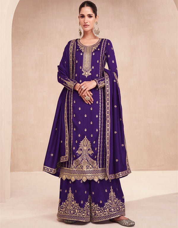 Trendy Designer Party Wear Salwar Suit Violet Premium Silk Palazzo Suit Front View